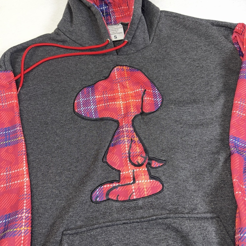 Peanuts Snoopy Hoodie Womens Small Gray Plaid Applique Pullover Sweatshirt